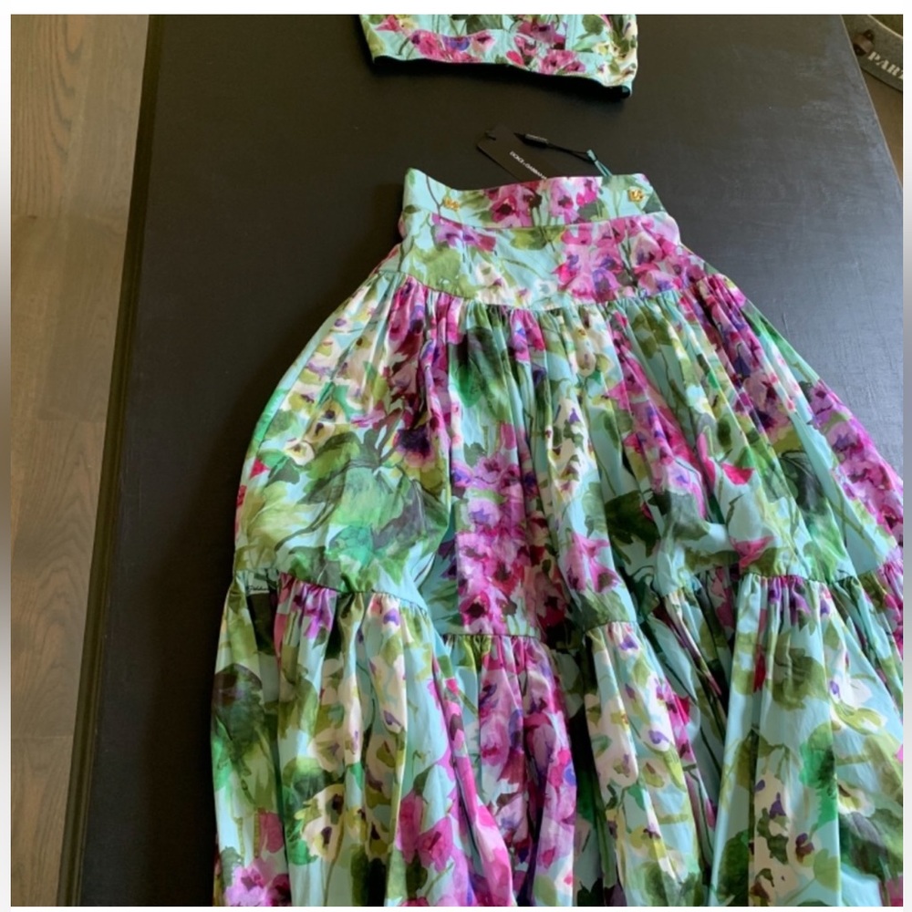 DOLCE & GABBANA Floral Tiered Bluebell Cotton Poplin Midi Skirt IT 36 /US 2